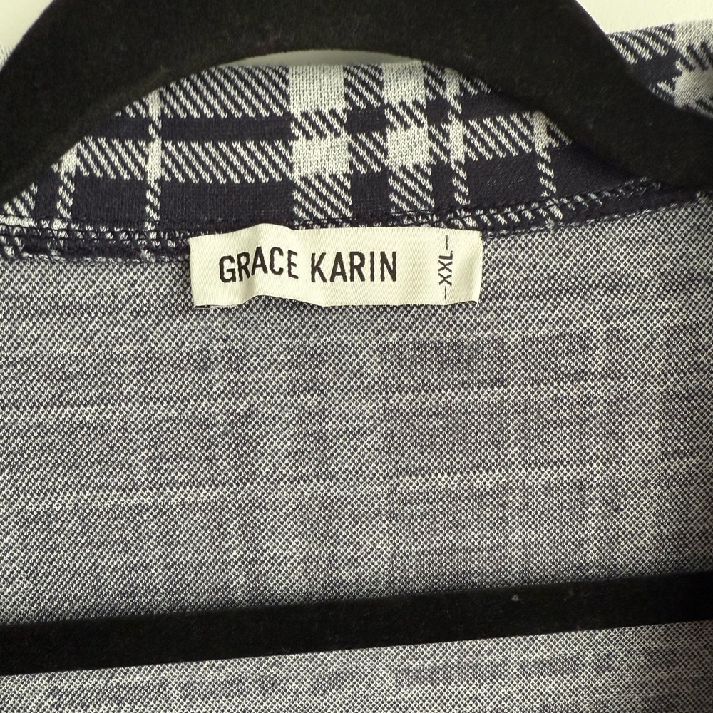 Grace Karin Blue & White Plaid Ruffle Edge Open Front Jacket, Sz XXL - Picture 3 of 6
